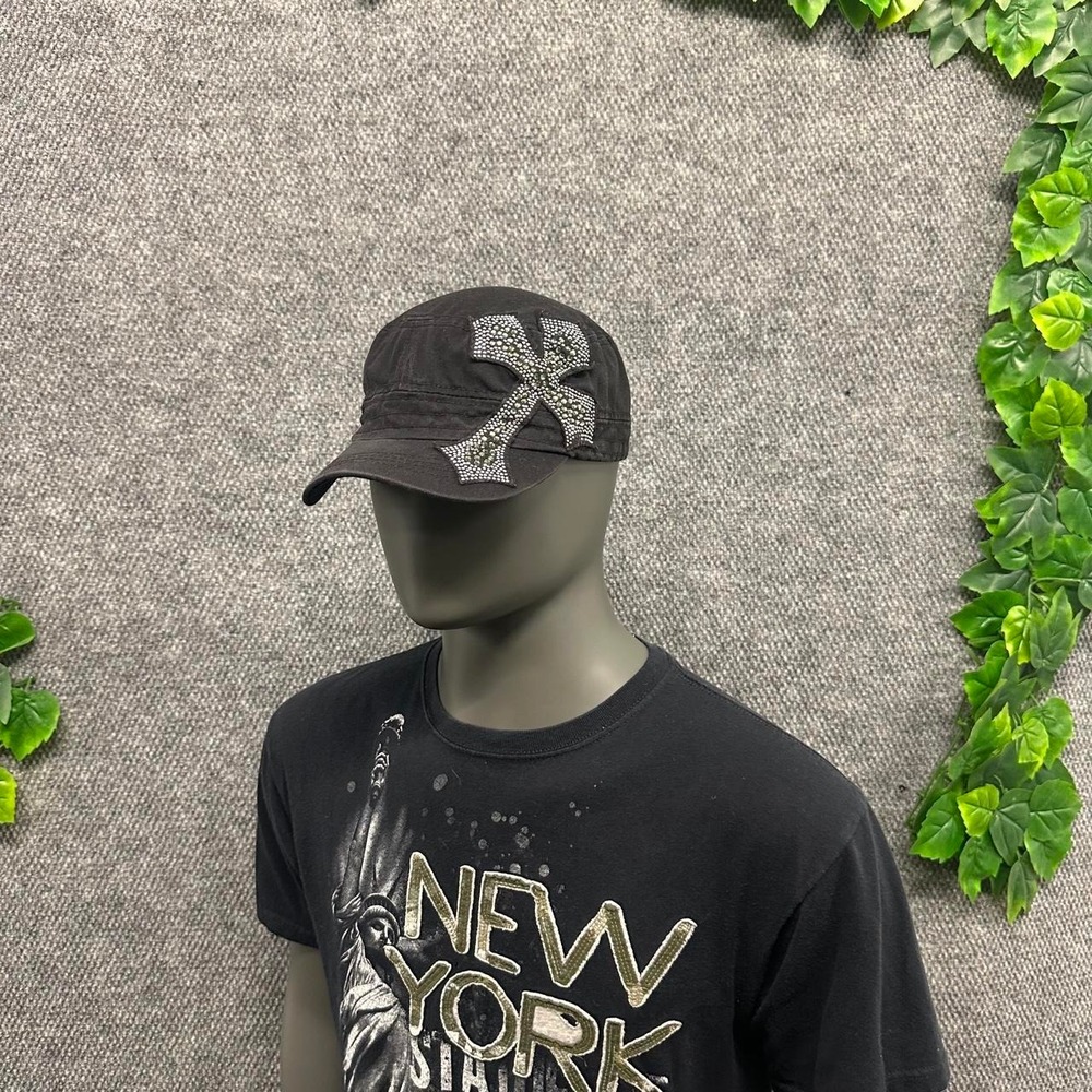 Y2K Rhinestone Cross Military Cadet Hat Black One Size